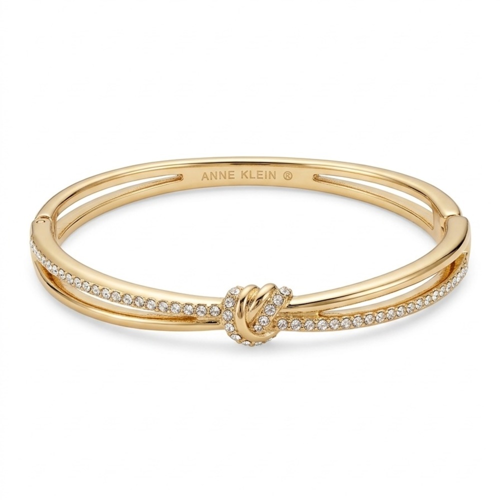 Anne Klein Gold-Tone Pavé Crystal Knot Hinged Bangle Bracelet – Classic Style